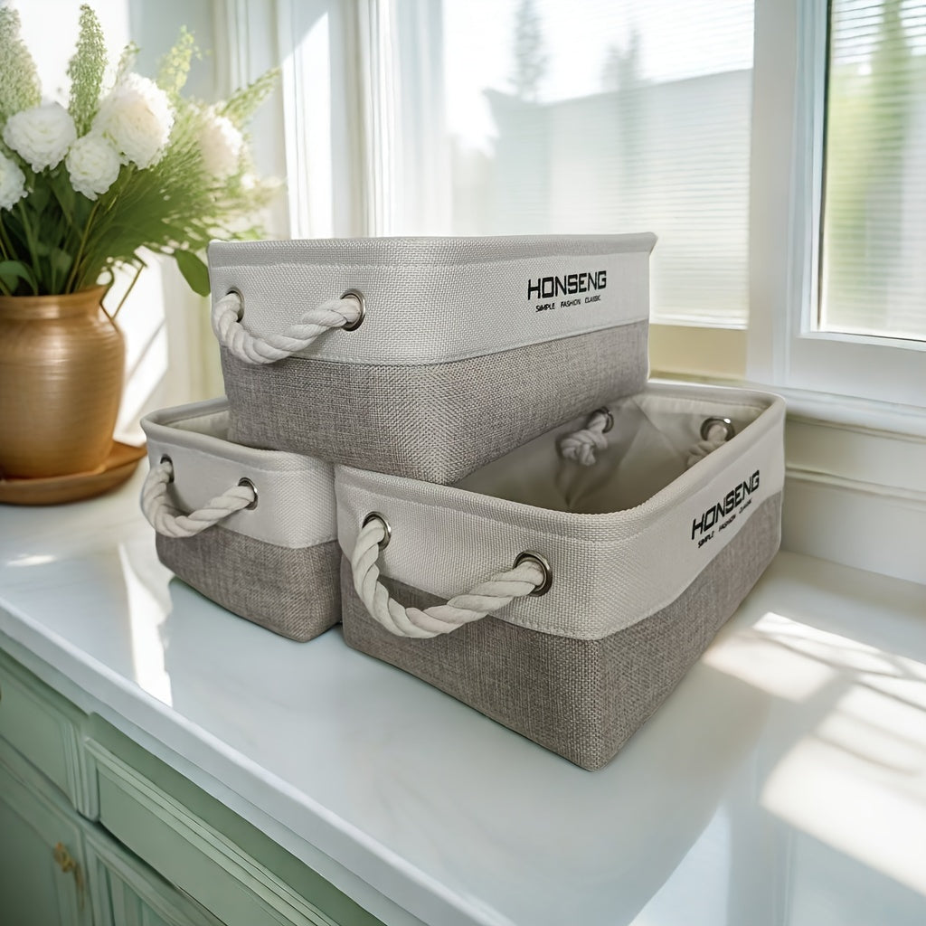Set of 3 Large Linen Storage Baskets for Clothing, Toys, and Books