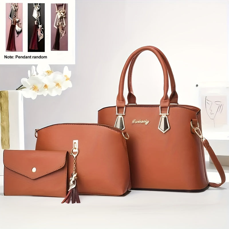 Women's 3-Piece Faux Leather Handbag Set with Tassel Crossbody Tote and Sling