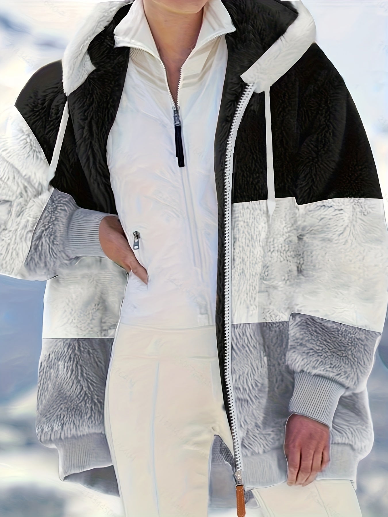 Women Quilted Hooded Loose Jacket with Zipper Pockets for Autumn Winter