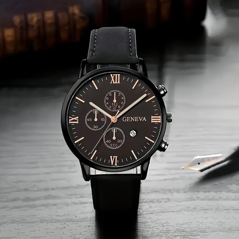 Men's Quartz Watch with Date Function Circular Dial Synthetic Leather Band Roman Numerals
