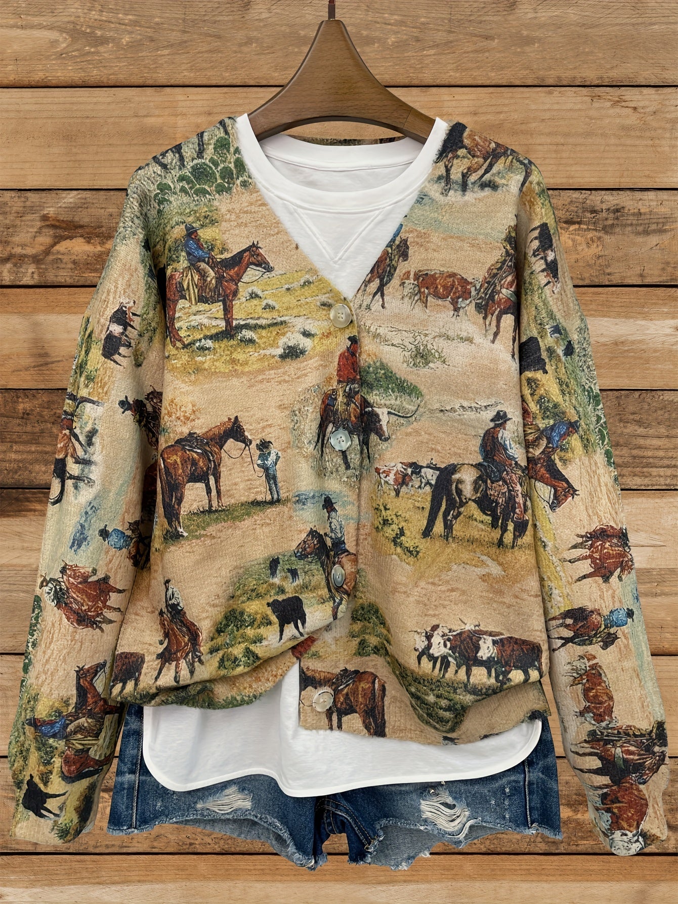 Women's Oversized Knit Cardigan with Horse Riding Print V-Neck Long Sleeve