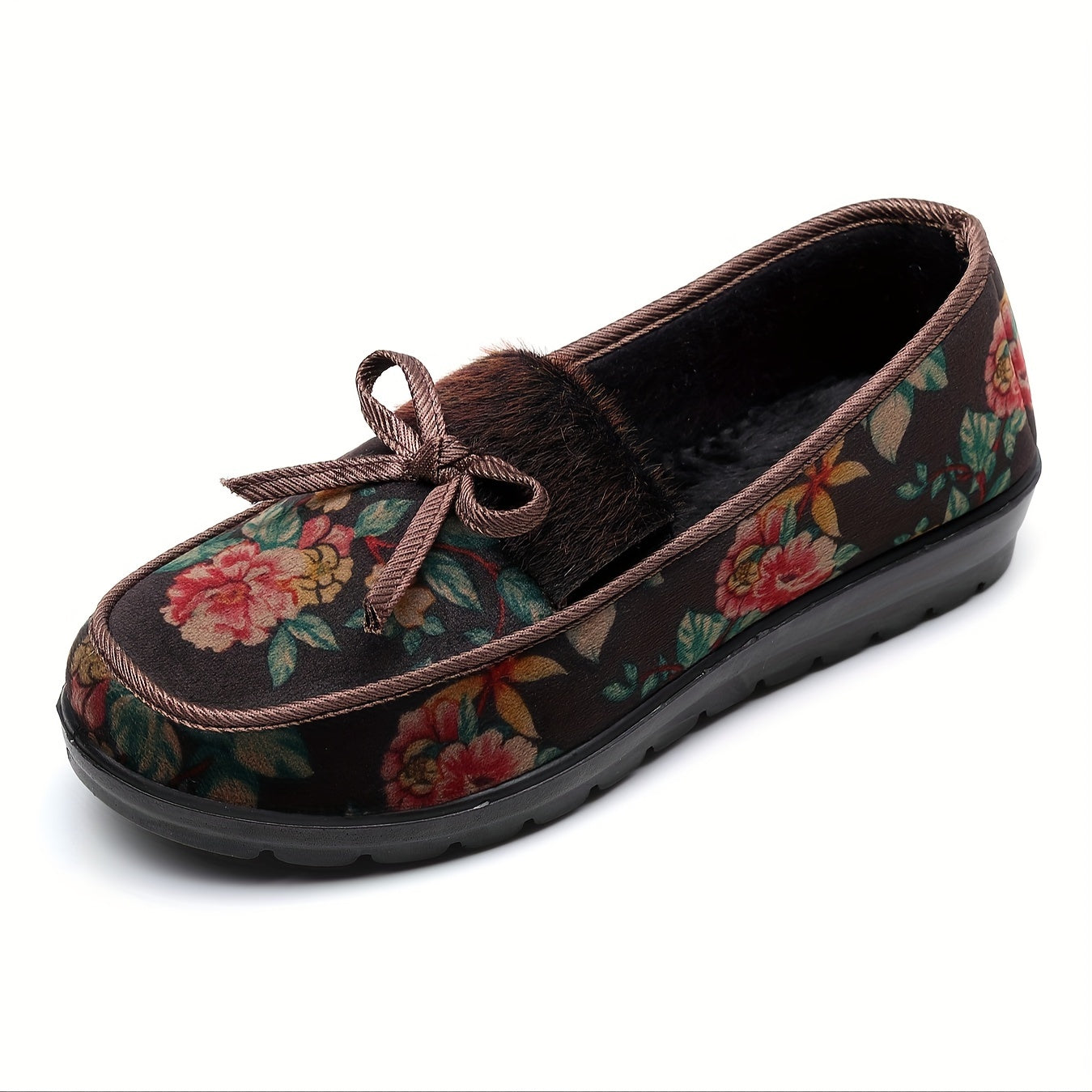 Ayollar uchun gul bosimli qishda kiyiladigan shippaklar, korduroy loafers, yumshoq tag va qulay ichki qavati bilan