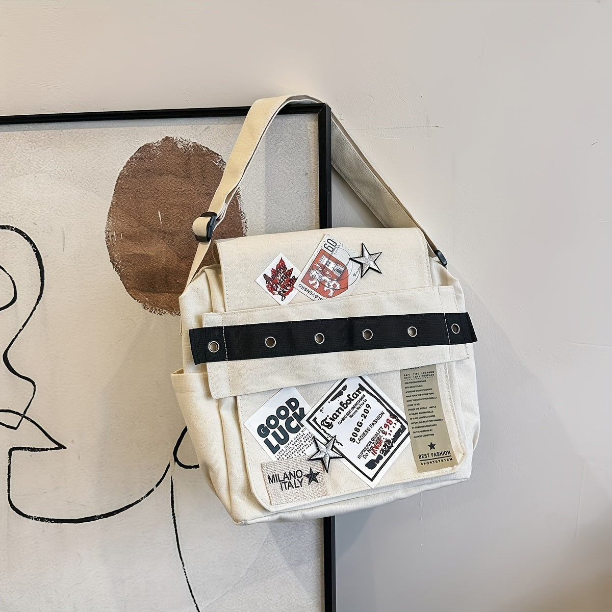 Women's Retro Y2K Canvas Crossbody Bag with Star Patches and Adjustable Strap