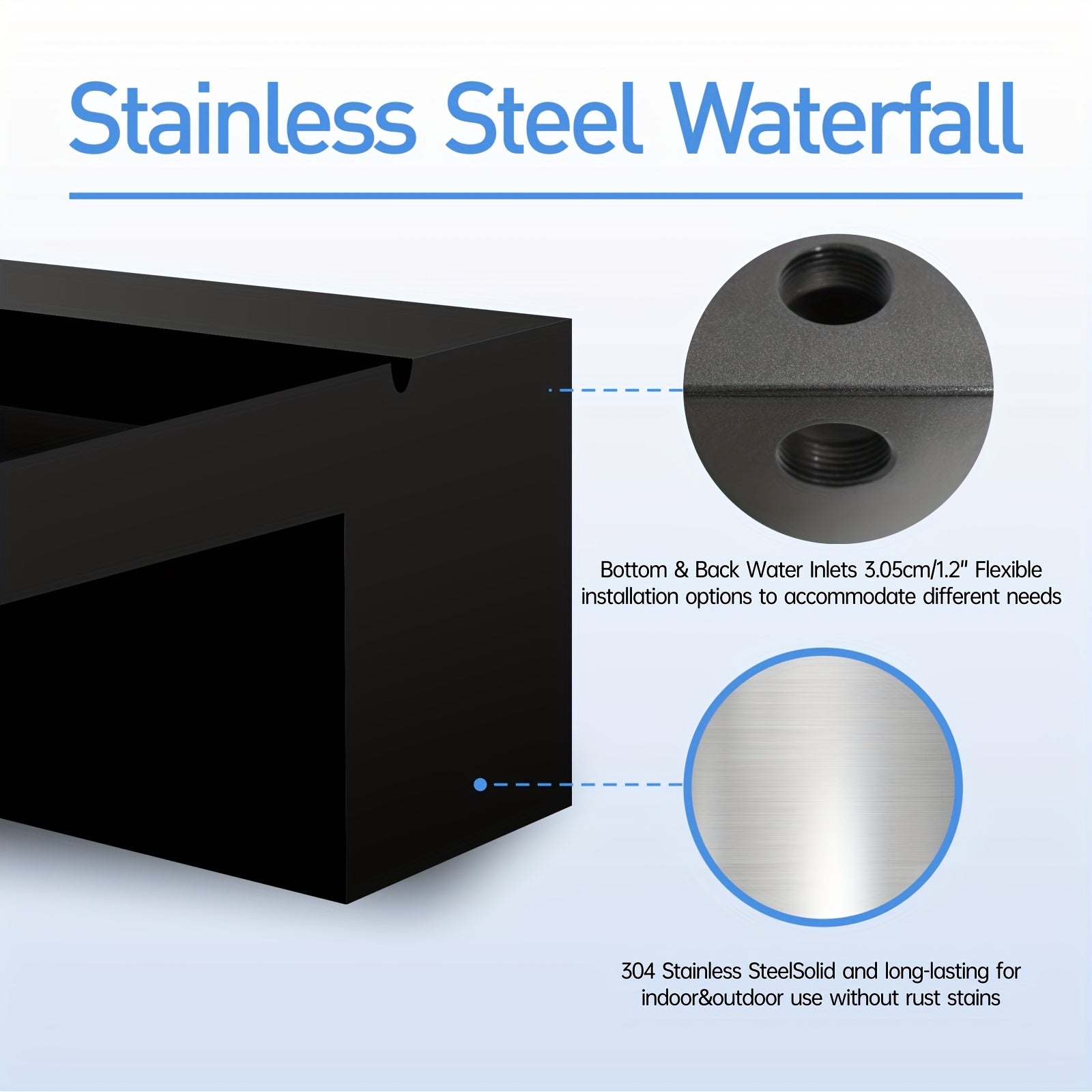 Kit de desagüe de cascada para estanque de acero inoxidable con acabado en polvo negro, manguera y accesorios