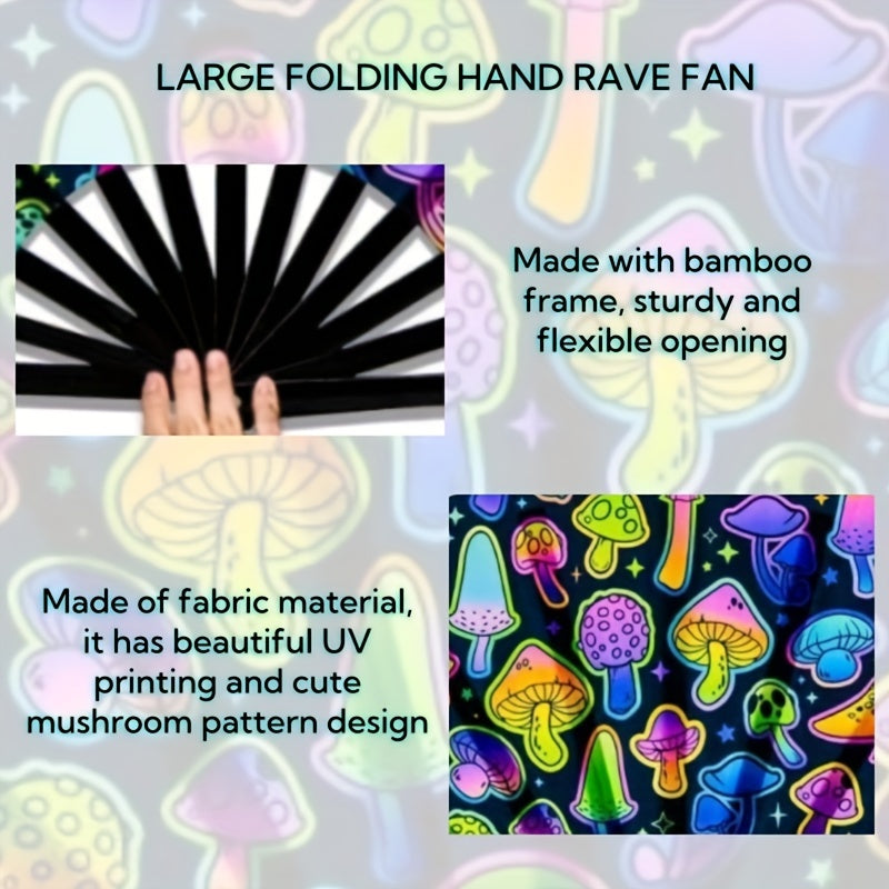 Neon Mushroom UV Glow Rave Folding Hand Fan Large 13-Inch Bamboo for Parties