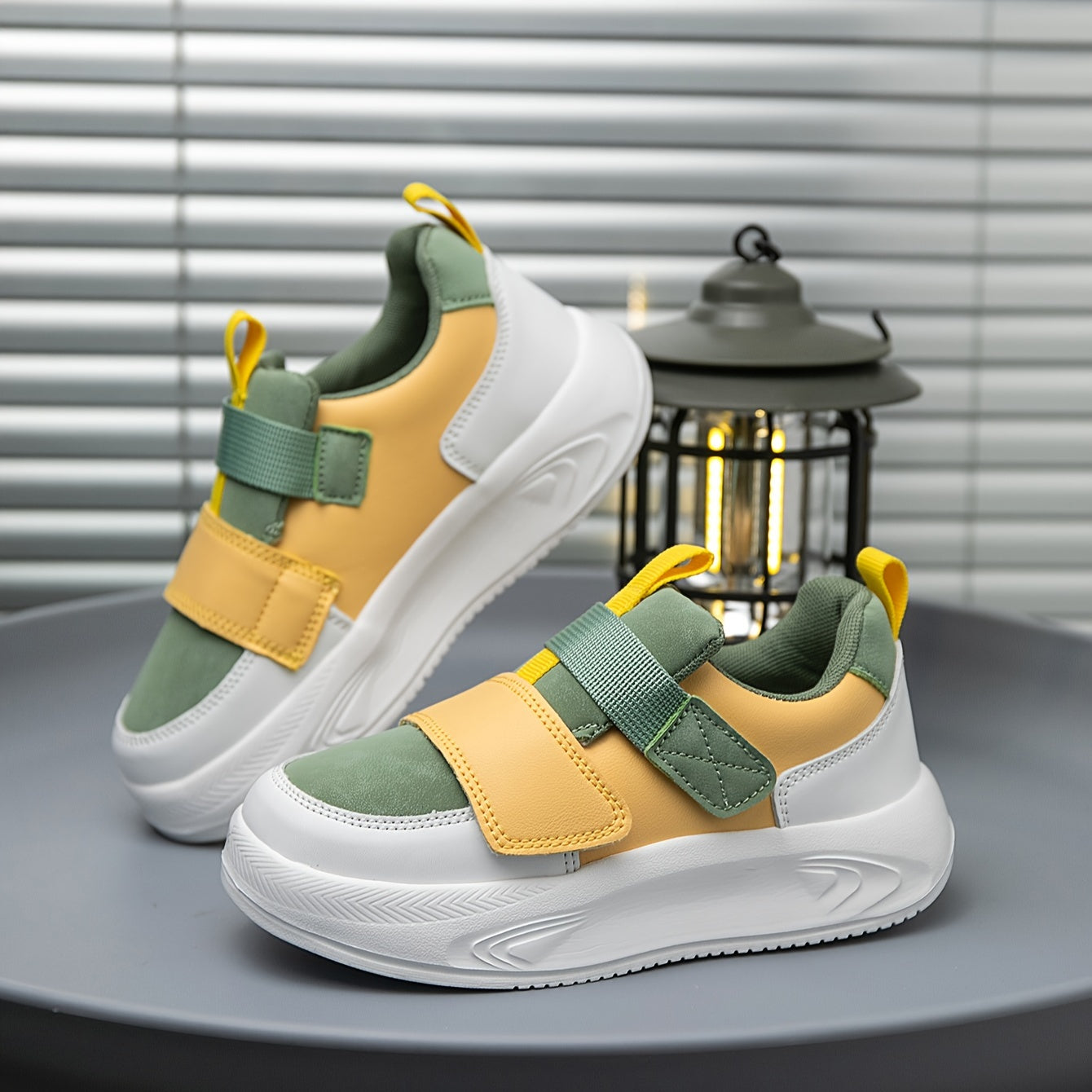 Kids' Color-Block Sneakers with Double Hook and Loop Closure for Boys and Girls White Green Yellow Low-Top Casual Athletic