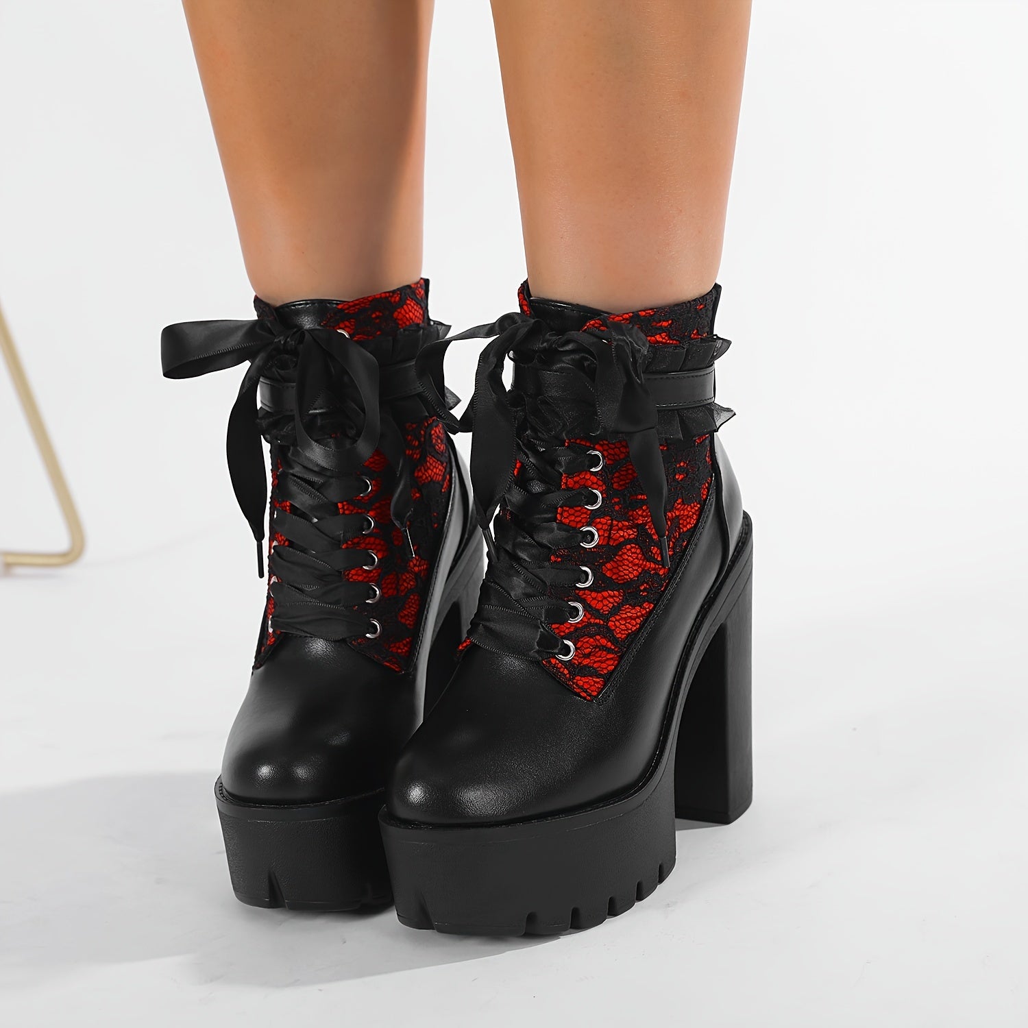 Women's Gothic Lace Patchwork High Heel Ankle Boots All-Season PU Chunky Platform