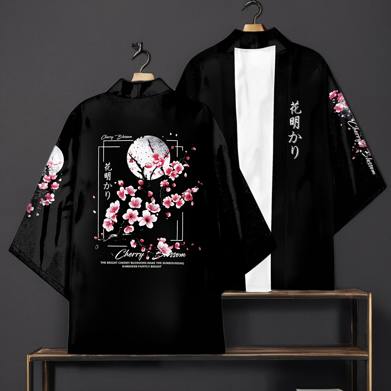 Men's Black Cherry Blossom Kimono Cardigan Open Front Floral Print Lightweight Polyester Casual