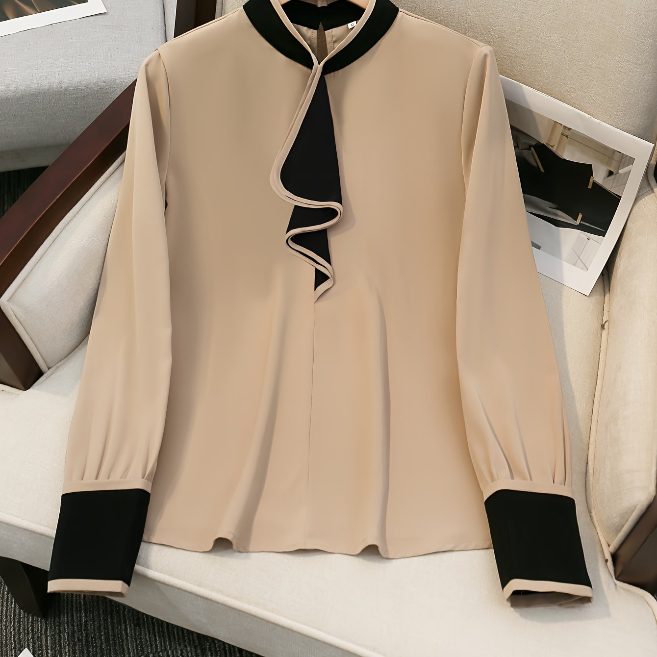 Women's Beige Blouse with Black Ruffle Trim Contrast Collar Long Sleeve Polyester All-Season Elegant Top