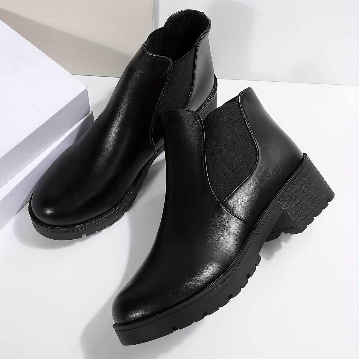 Women's Chunky Heel Ankle Boots Slip-On Round Toe Mid-Calf Leather Shoes