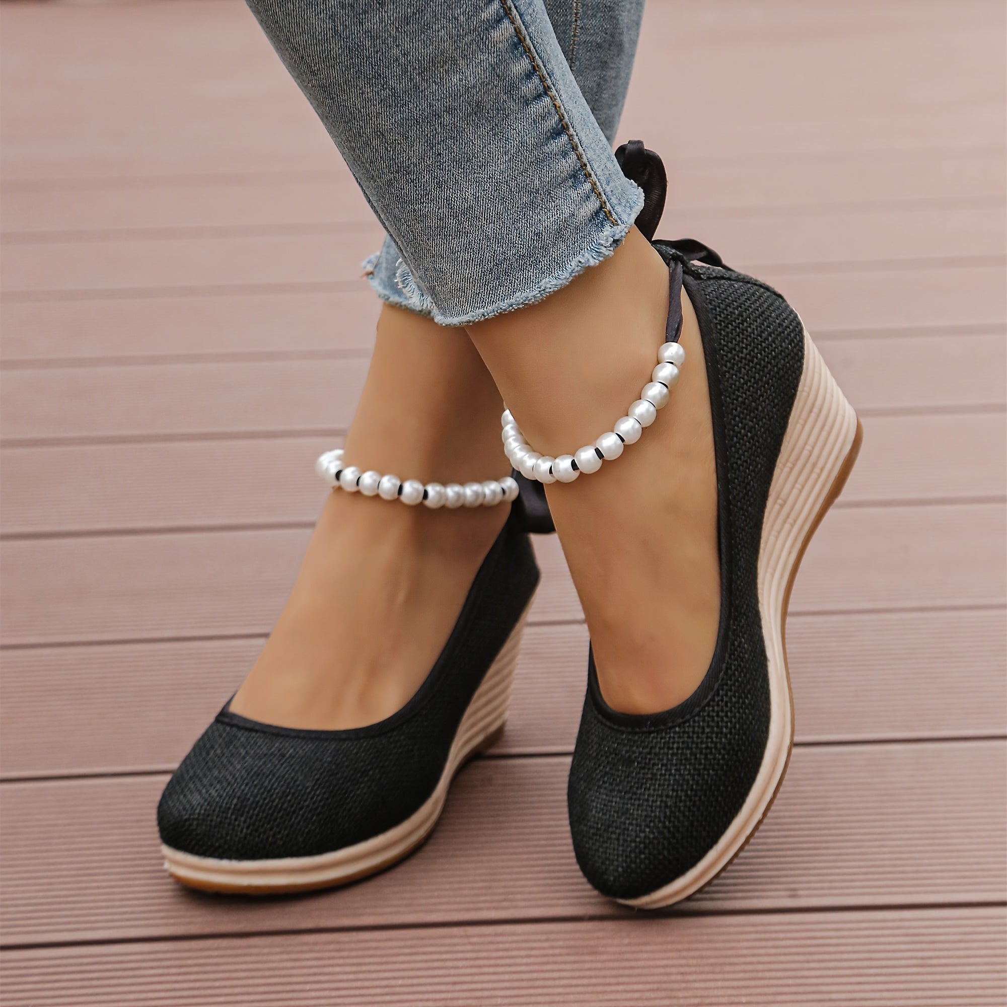 Women's Black Linen Wedge Heel Pumps Round-Toe Shoes with Ankle Bracelets