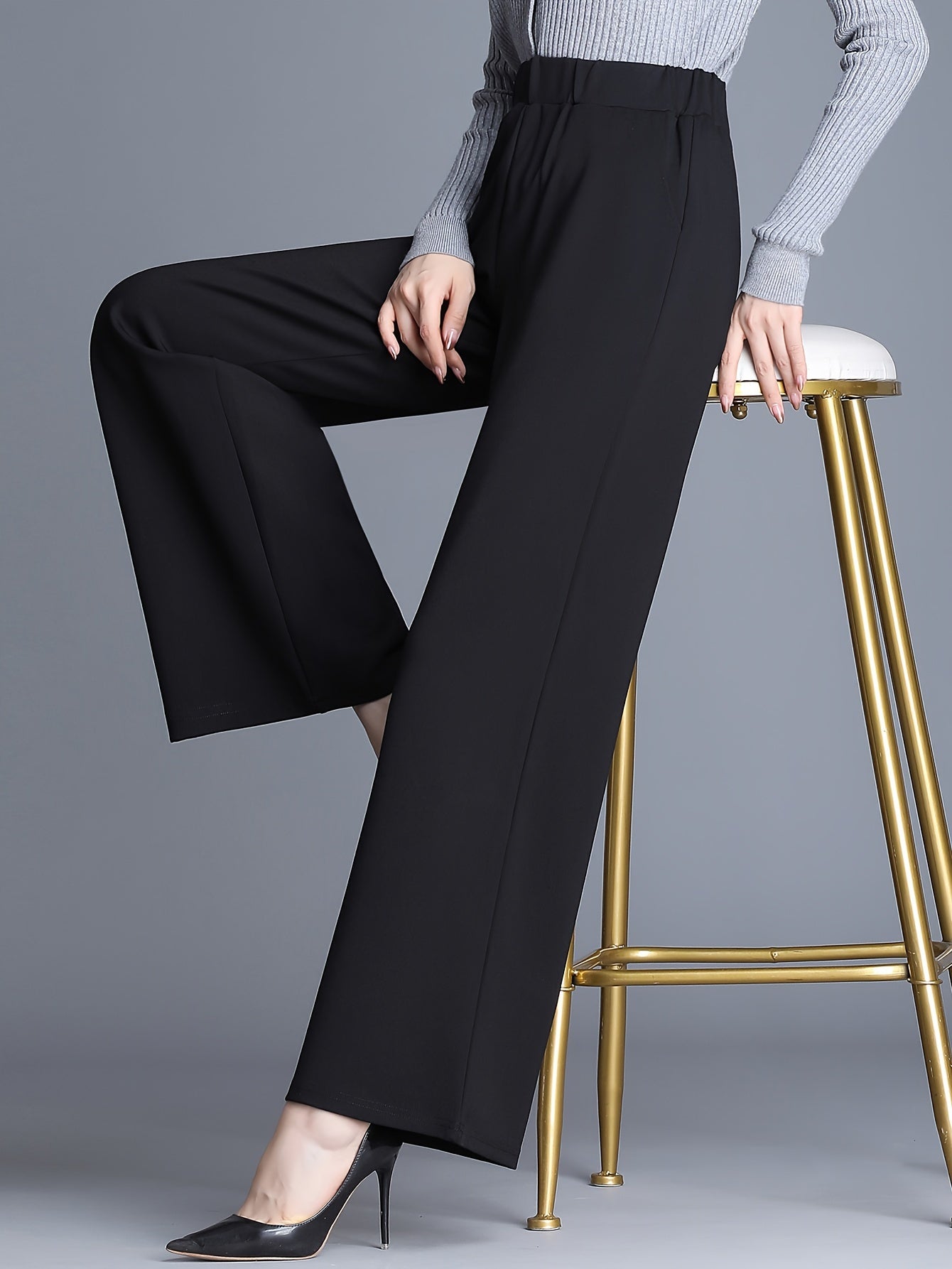 Pantalones de pierna ancha para mujer de tela de punto color sólido para todas las estaciones