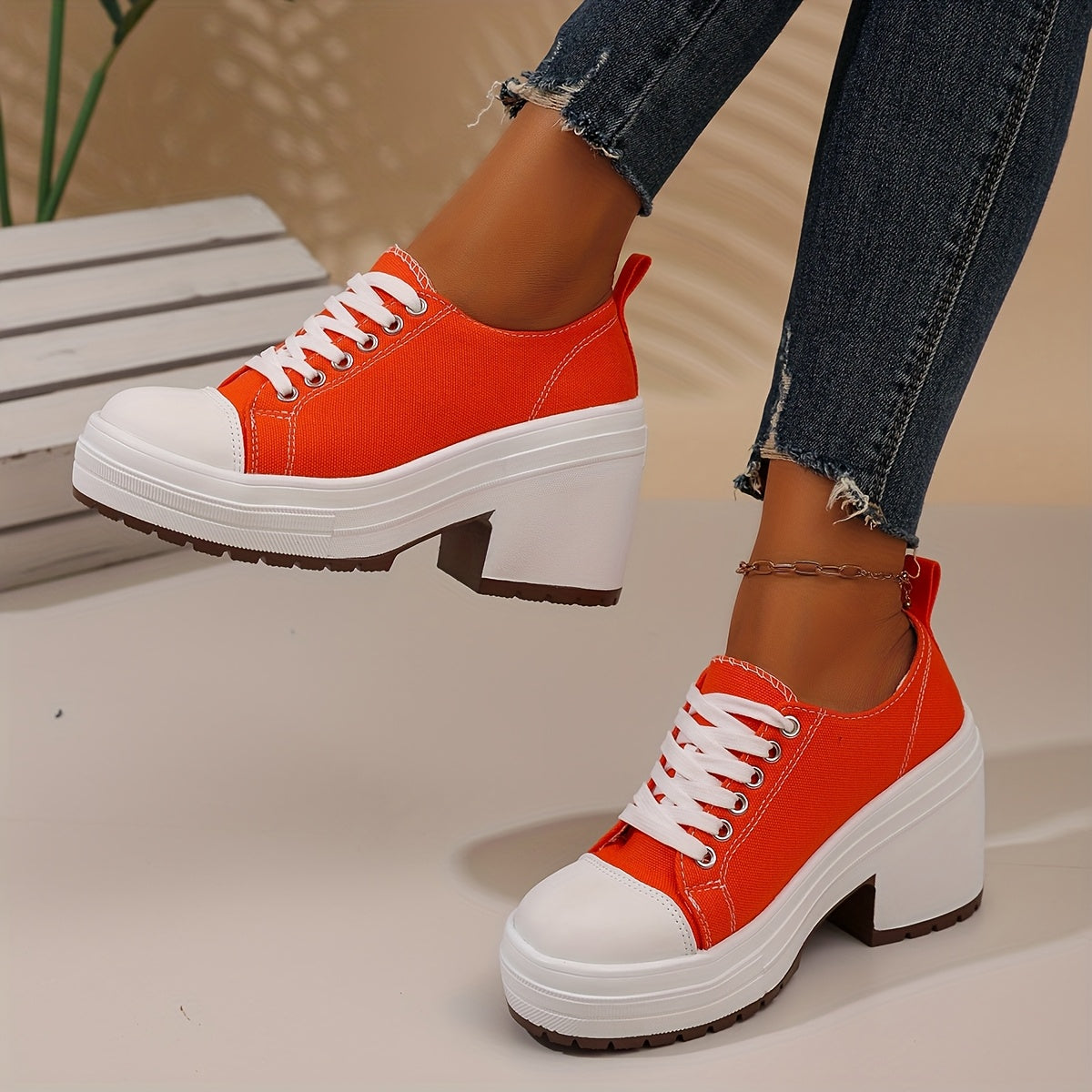 Women's Chunky Platform Shoes White Orange Colorblock Non-Slip PU All-Season