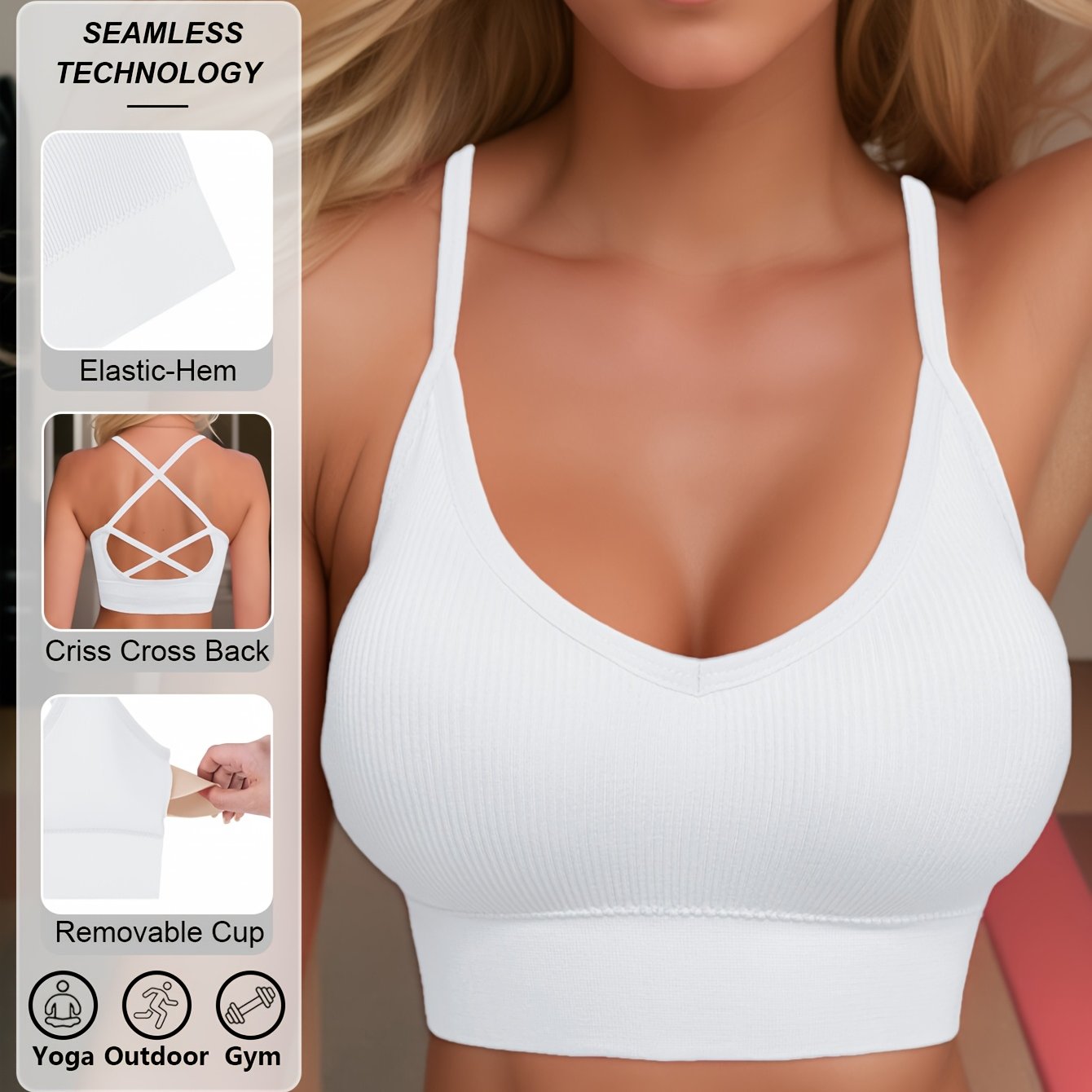 Sujetador deportivo de punto de poliamida para mujer, con alto soporte, sin espalda, relleno removible para yoga y fitness