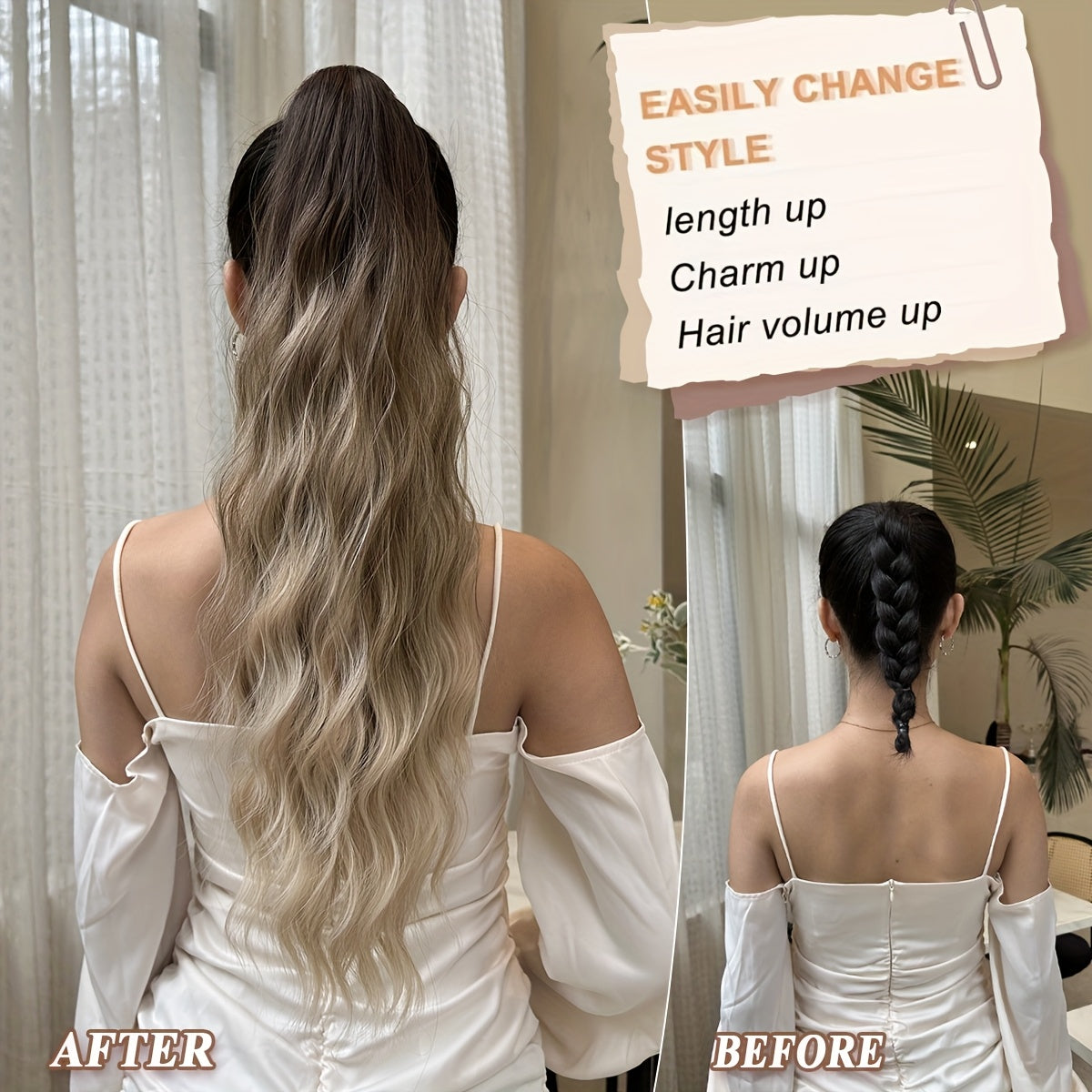 Women Men 24-Inch Ombre Claw Ponytail Extension Heat-Resistant Synthetic Fiber Body Wave