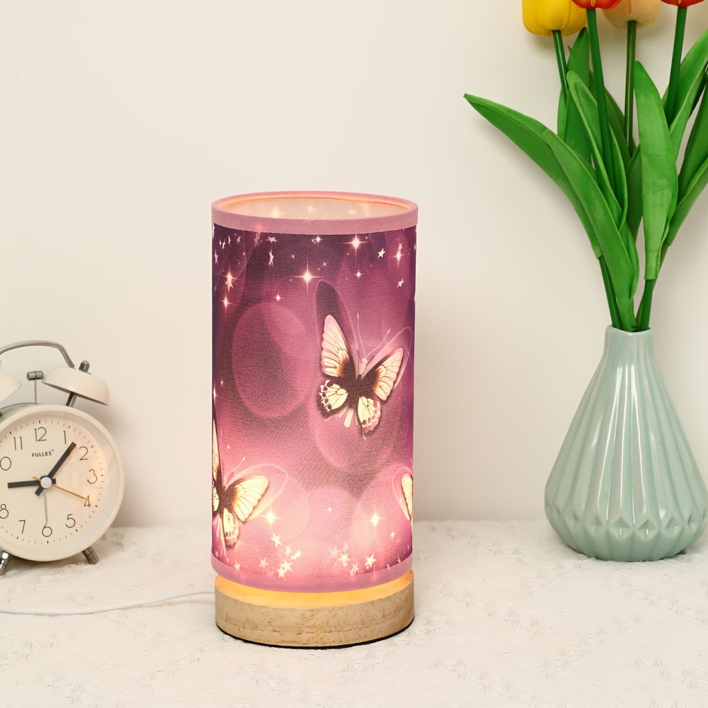 Purple Butterfly Table Lamp with Wood Base for Bedroom or Room Decor