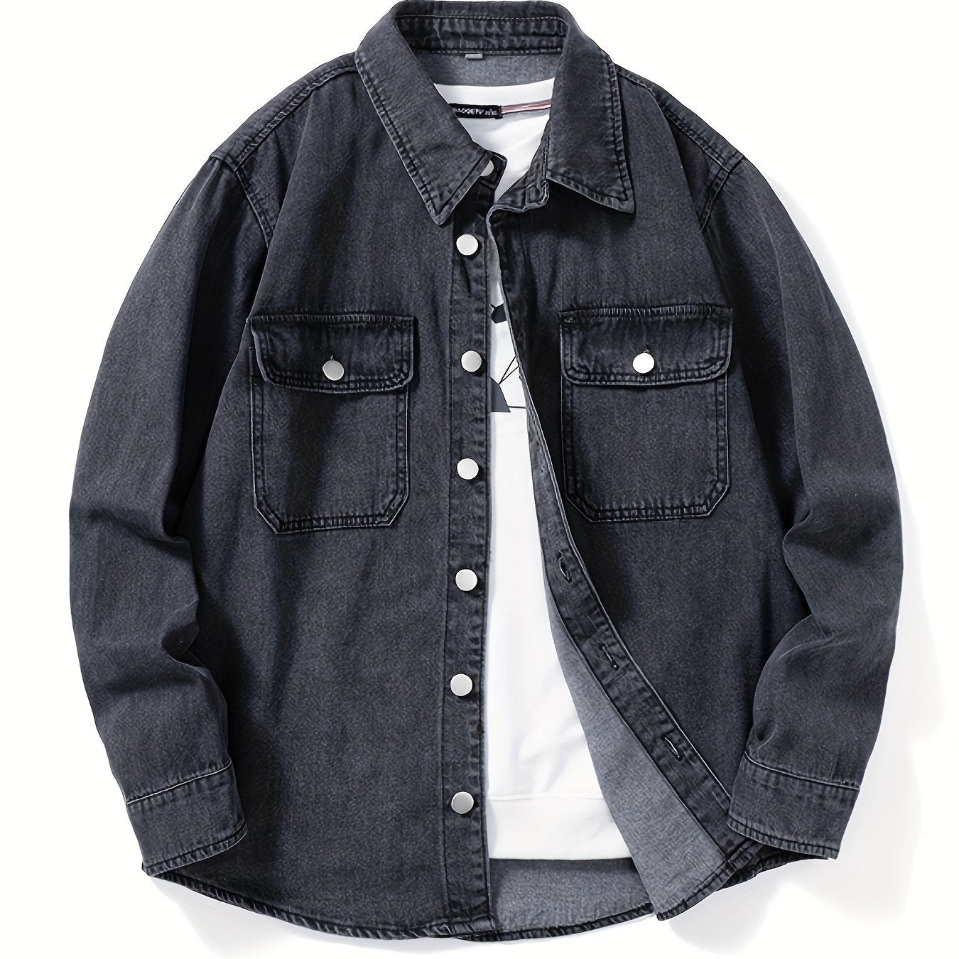 Men's Denim Shirt Casual Loose Fit Lapel Collar Pockets Spring Fall