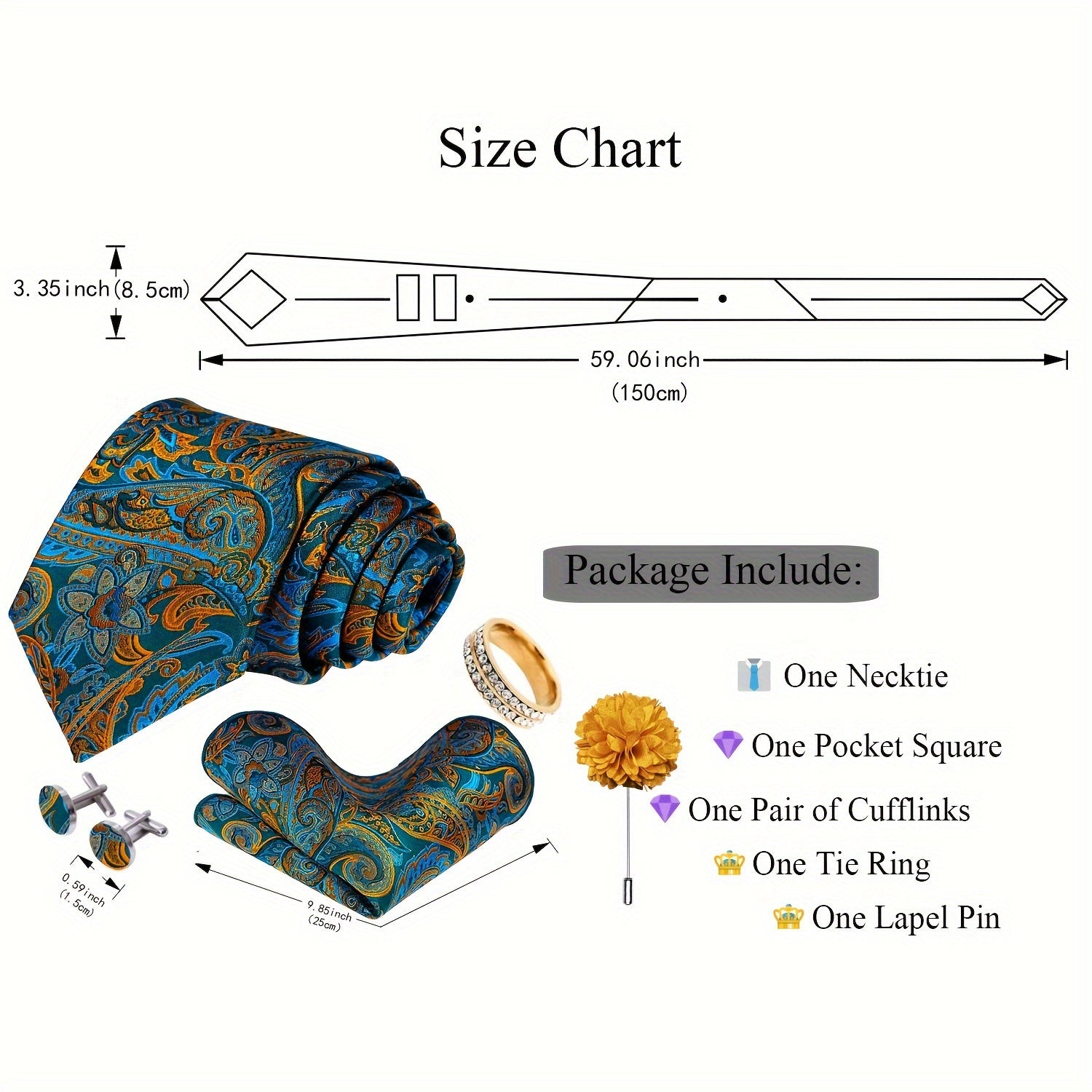 Men's Formal Tie Set with Pocket Square Cufflinks Tie Clip Lapel Pin and Ring for Weddings and Occasions