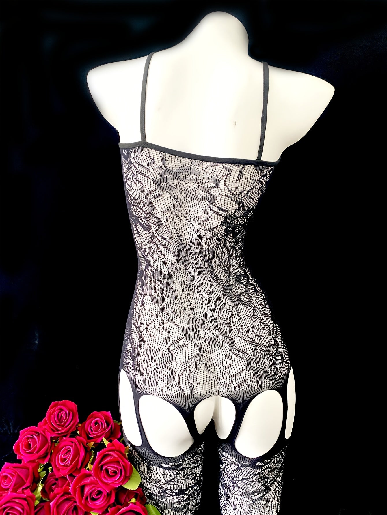 Women’s Lace Bodystocking Set with Open Bust and Fishnet Design