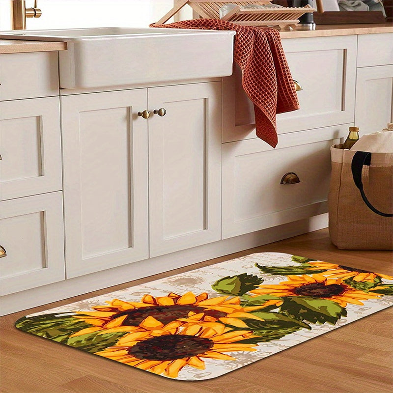 Sunflower Print Kitchen Floor Rug Water-Resistant Machine Washable Entrance Doormat