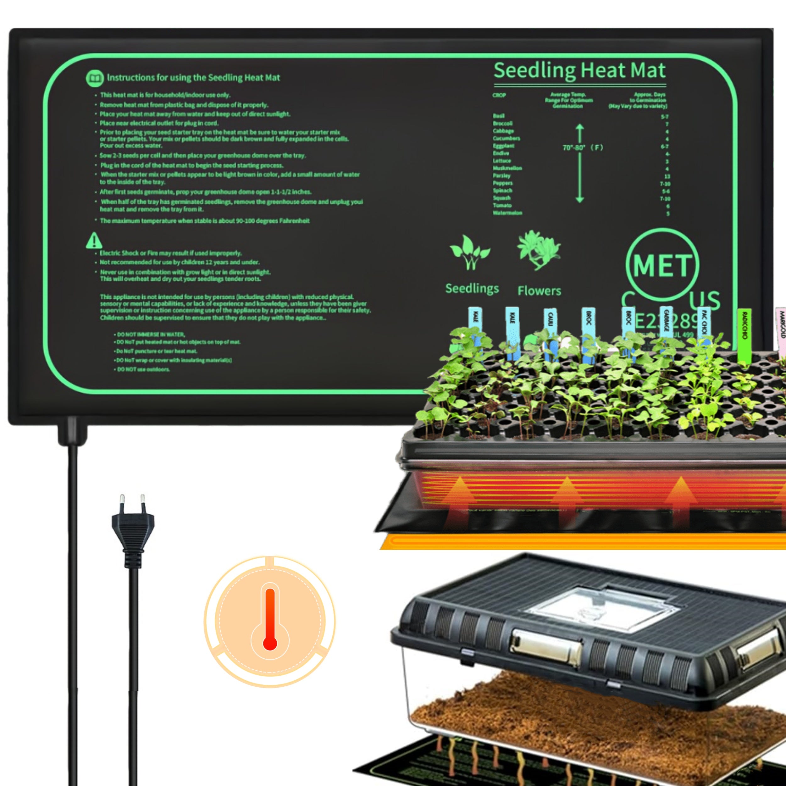 Alfombra de calor para plántulas negra para jardinería interior, invernadero, hábitat de reptiles, 220V enchufe europeo