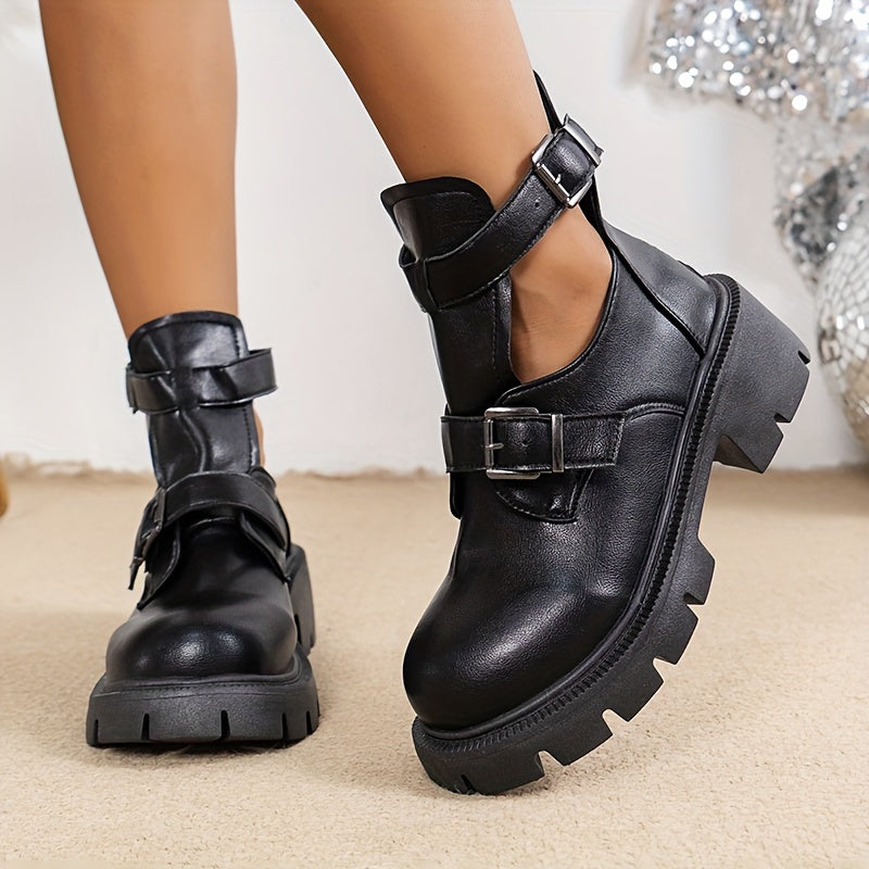 Women's Casual Short Boots Thick Heel Anti-Slip Buckle Zipper British Style