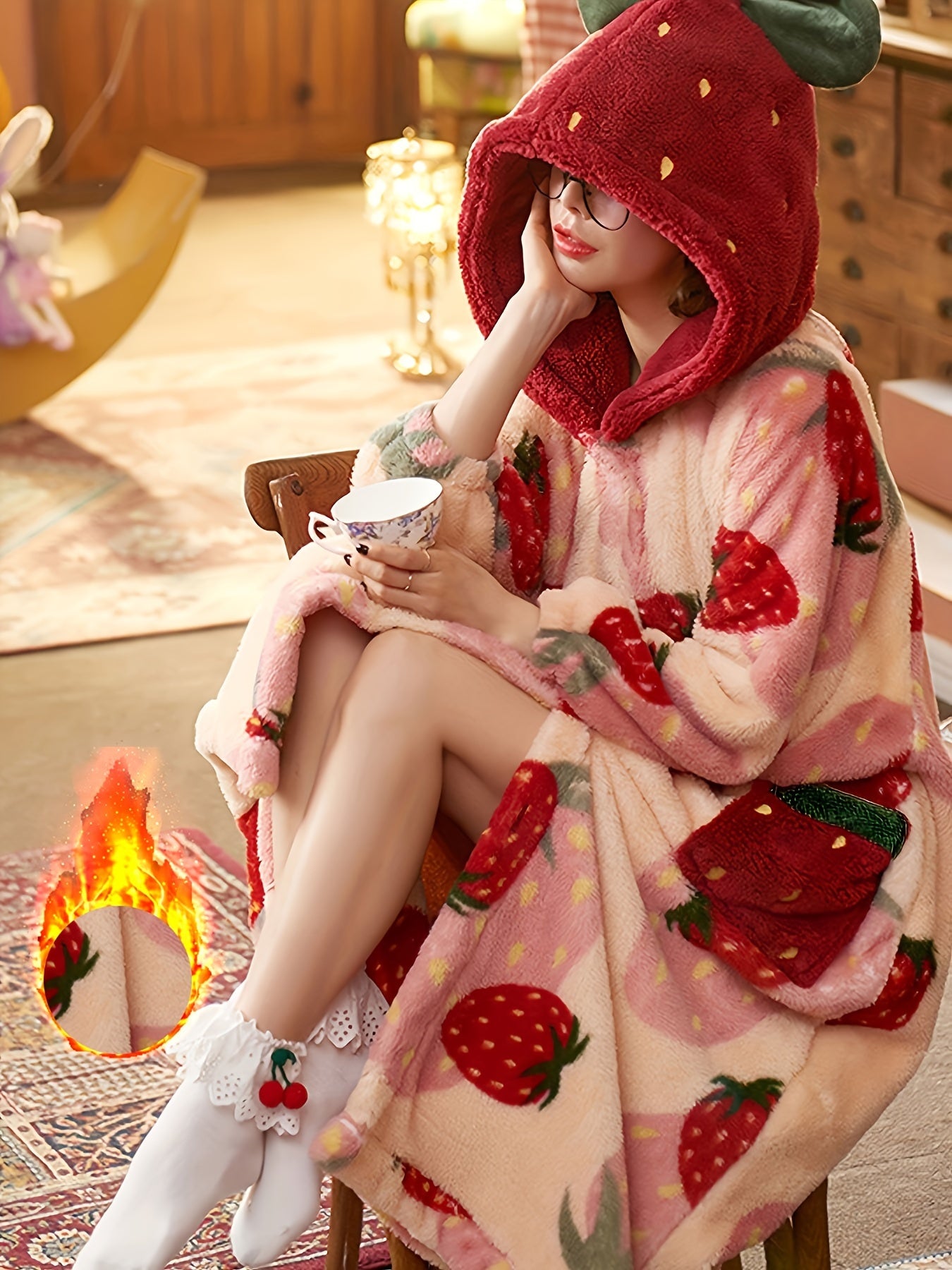 Women's Hooded Bathrobe Coral Fleece Strawberry Print Loose Fit Fall Winter
