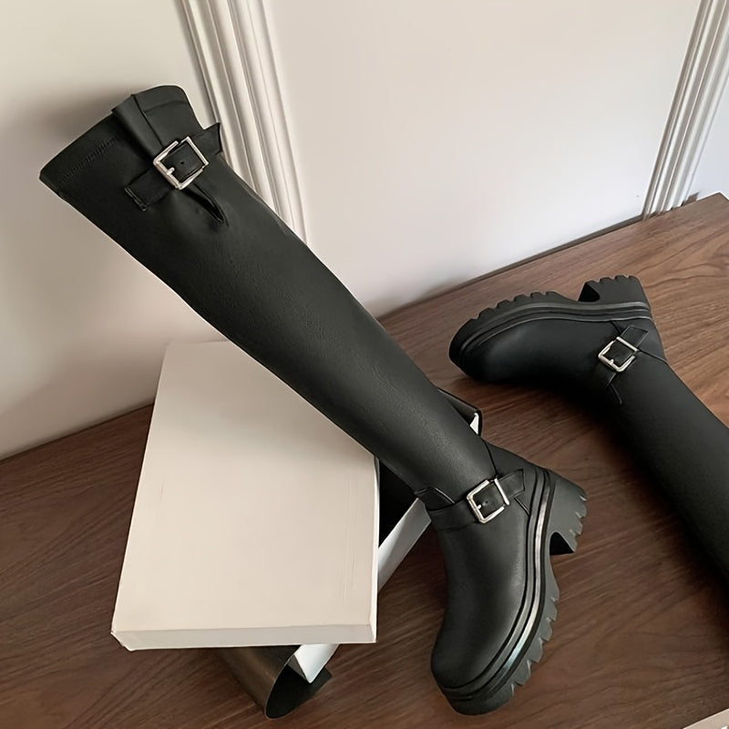 Women's Over-the-Knee Boots With Buckle Thick Sole Chunky Heel