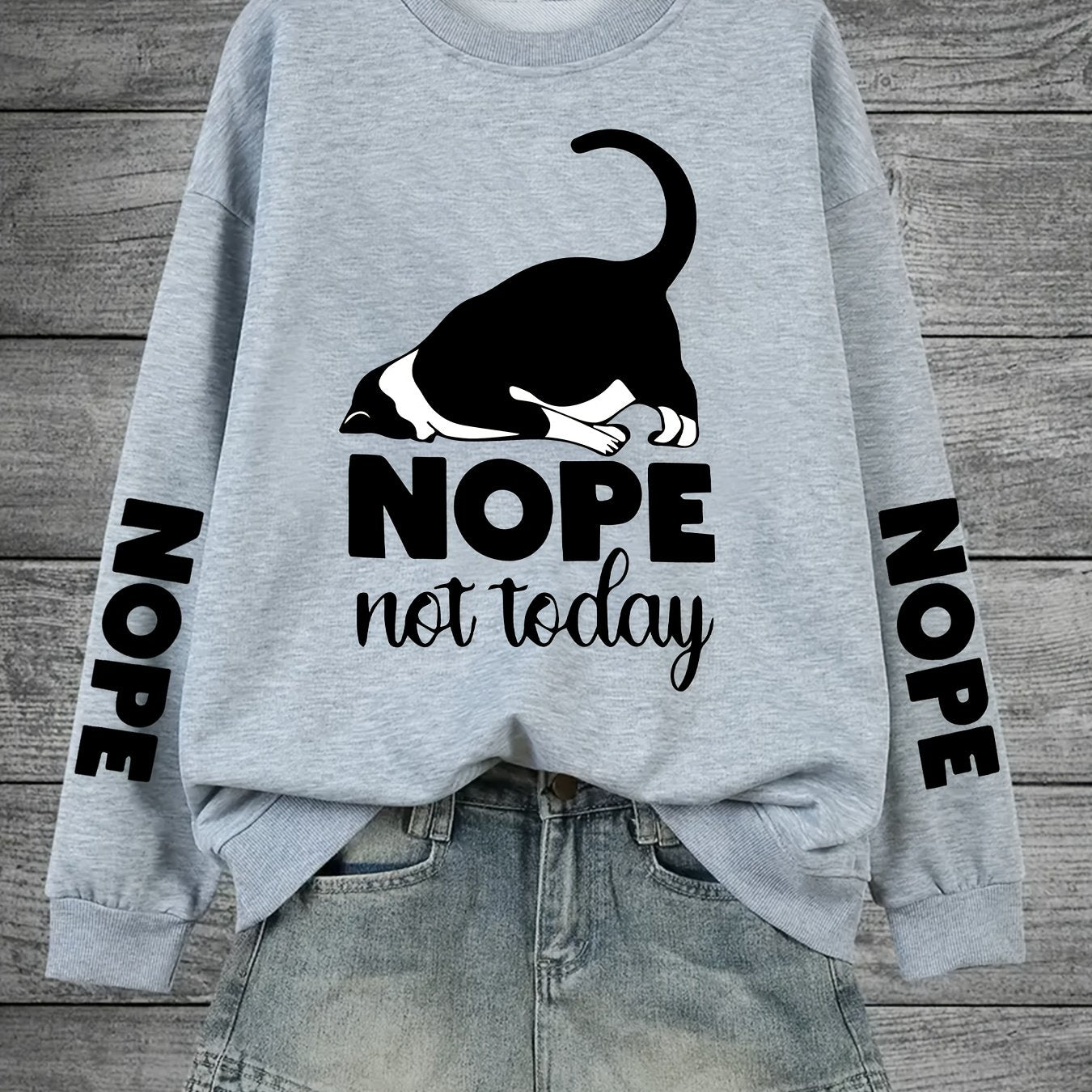 Plus Size Women's Cat Letter Print Sweatshirt Casual Long Sleeve Crew Neck