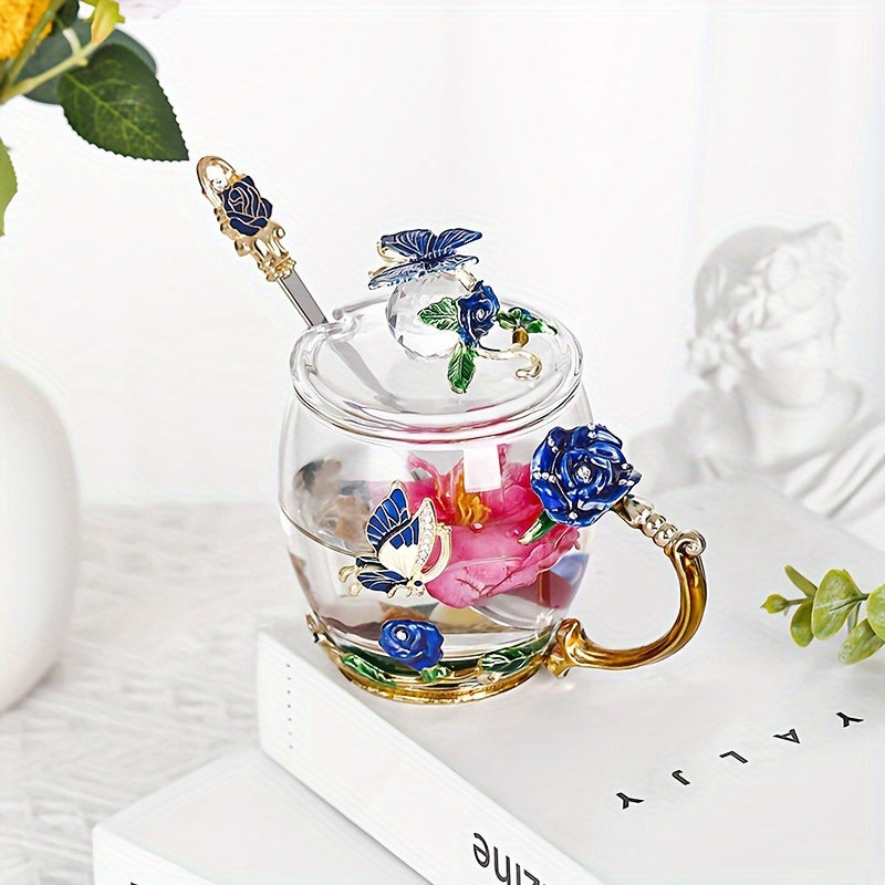 Enamel Crystal Tea Cup with Butterfly and Rose Design Heat Resistant for Coffee Water