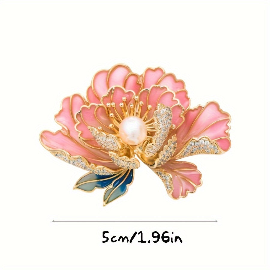 Elegant Enamel Peony Brooch for Women Faux Pearl Floral Pin Accessory