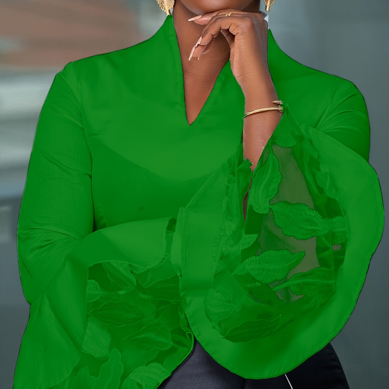 Plus Size Women's Flare Sleeve Long Shirt Contrast Lace Commuter Top