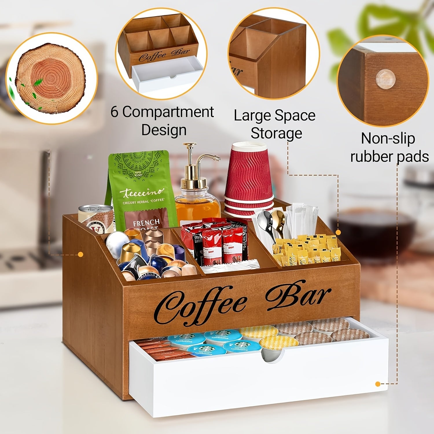 Organizador de barra de café de madera con cajón para tazas, cápsulas y accesorios, almacenamiento de cocina