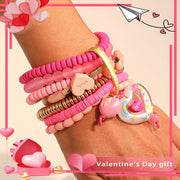 Pink Resin Bead Heart KISS Pendant Bracelet for Women Valentine's Day Jewelry