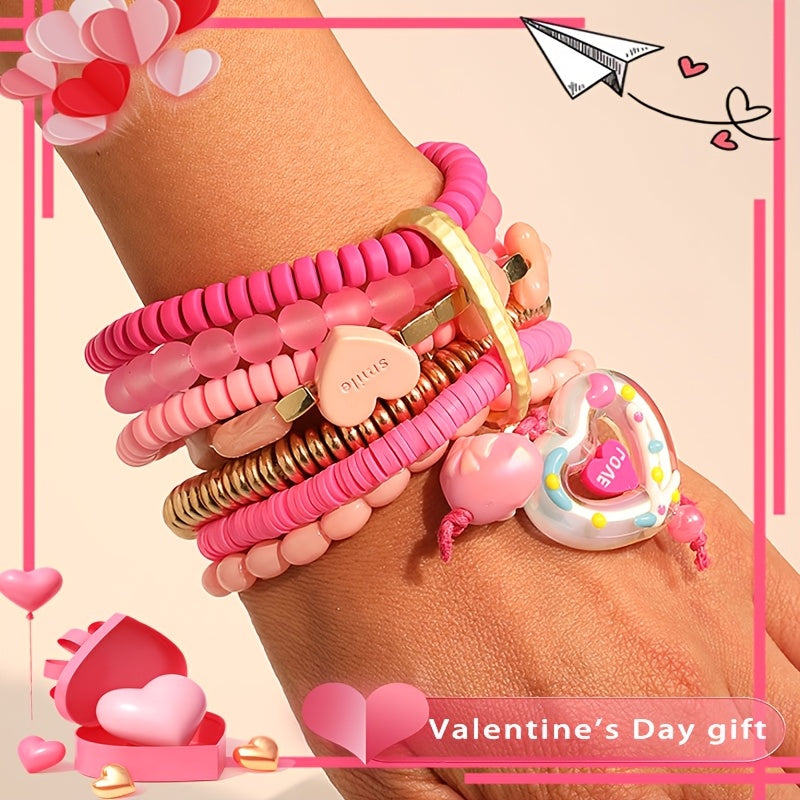 Pink Resin Bead Heart KISS Pendant Bracelet for Women Valentine's Day Jewelry