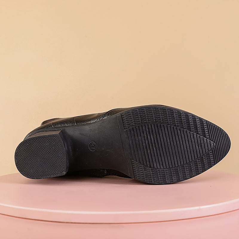 Women's Black Chunky Block Heel Ankle Boots Winter Zipper Slip-Resistant