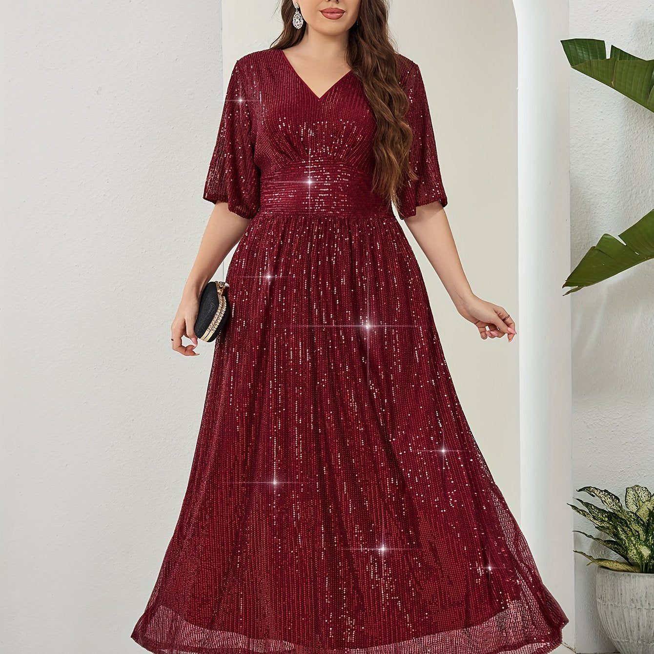 Plus Size Sequin V-Neck Maxi Dress with Half Sleeves and Zipper for All Seasons