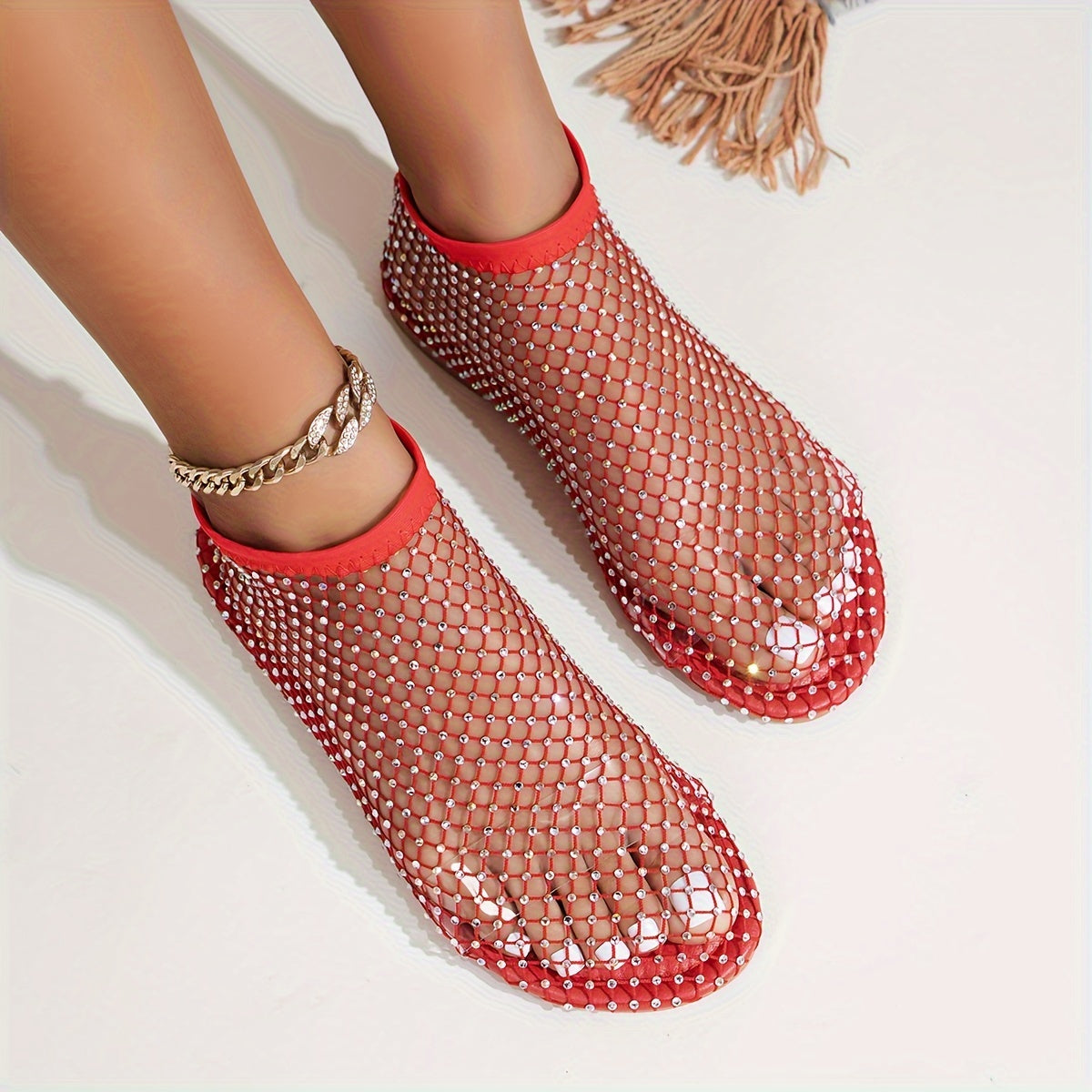 Women's Rhinestone Pattern Slip-On Flat Sandals with Hollow Out Design for Summer Beach Wear
