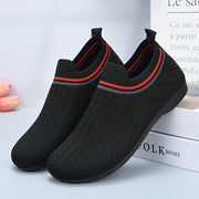 Women's Lightweight Knit Slip-On Sneakers Breathable Black Shoes with Red Gray Accents