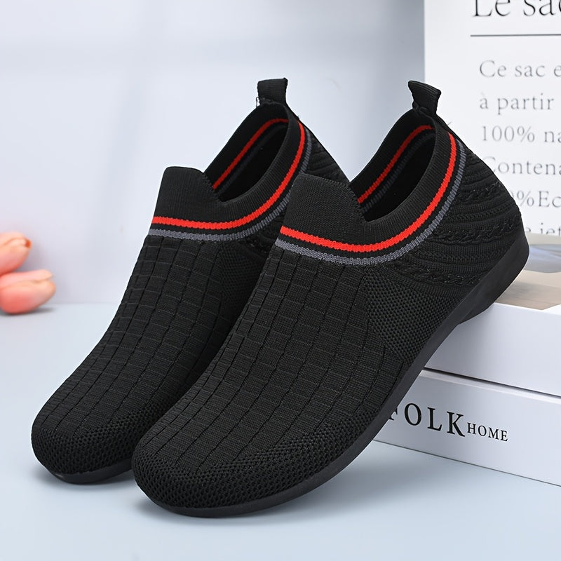 Women's Lightweight Knit Slip-On Sneakers Breathable Black Shoes with Red Gray Accents