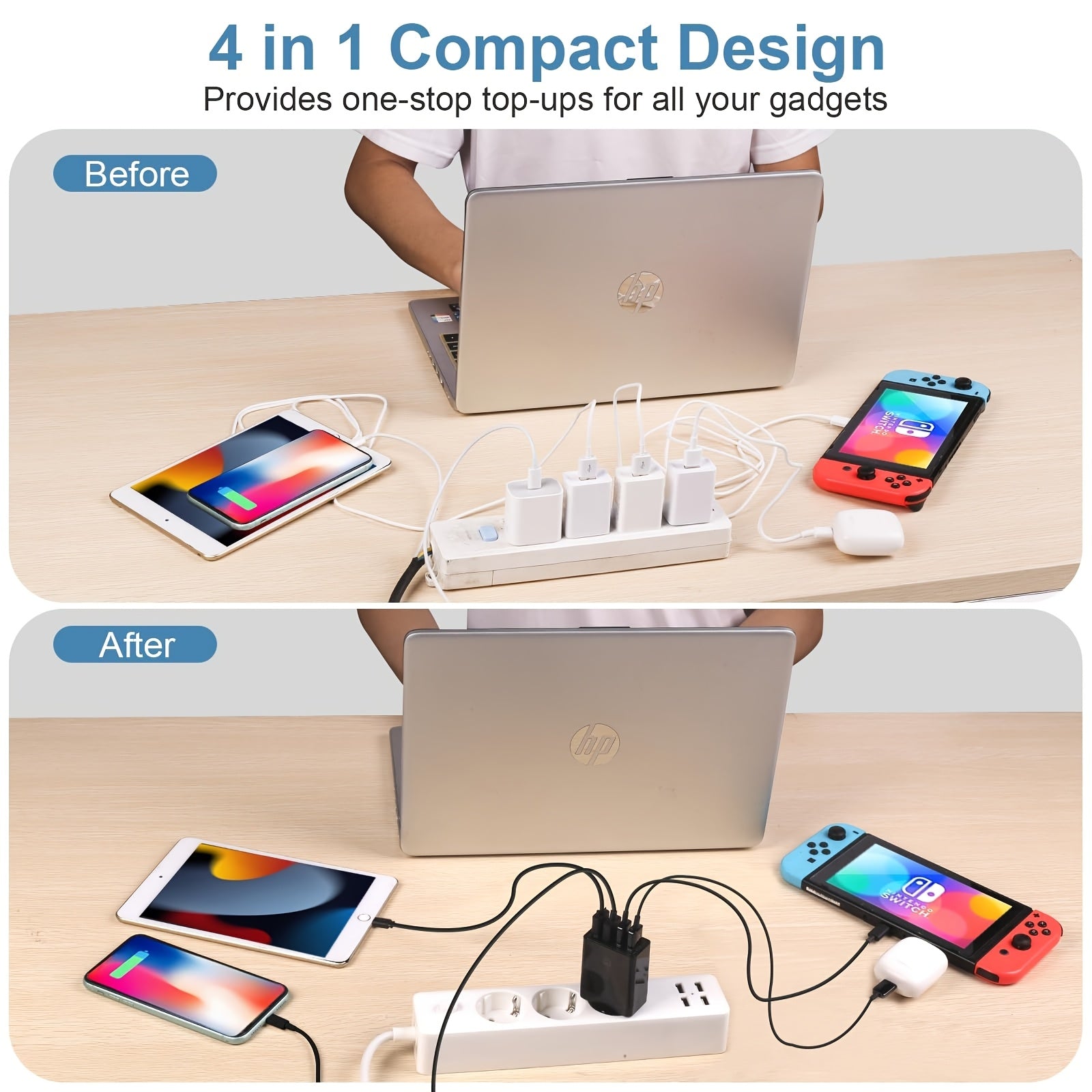 4-Port USB Charger Fast Charging EU Plug Adapter for Tablets and Smartphones