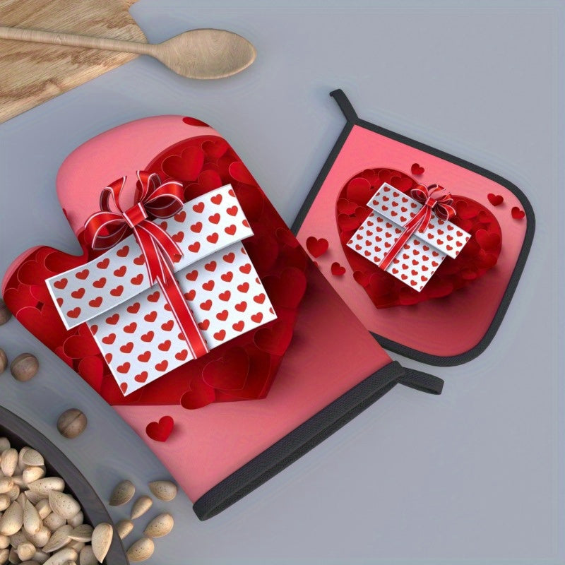 Valentine's Day Oven Mitts and Pot Holders Set Heat-Resistant Red Black Kitchen Decor