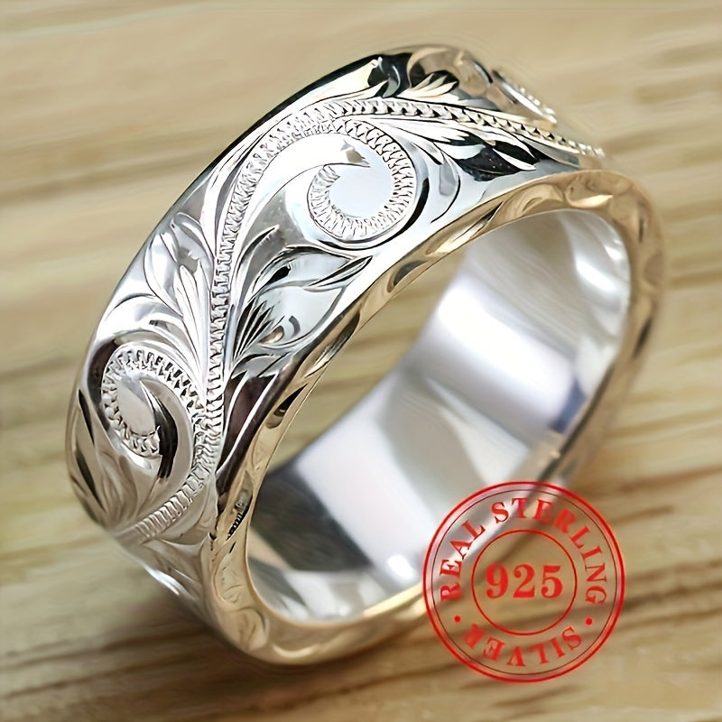Sterling Silver Bohemian Leaf Flower Wide Face Ring for Women and Men