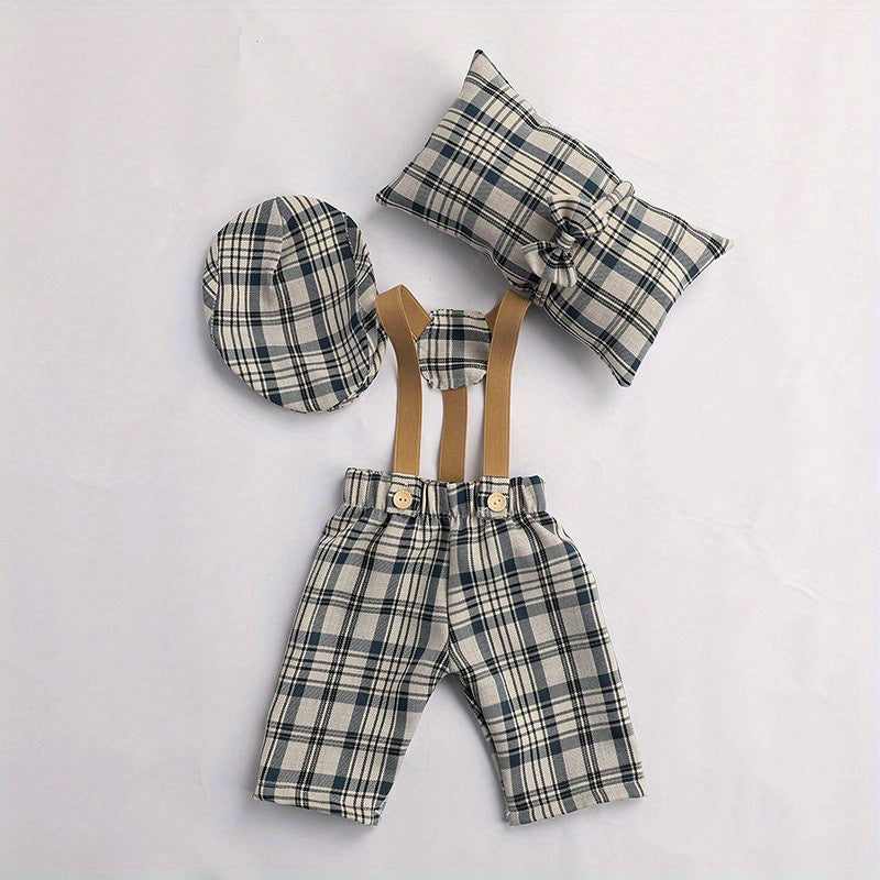 Set of 4 Newborn Baby Photography Props Plaid Costume for Infant Boys Girls Christmas Halloween Thanksgiving
