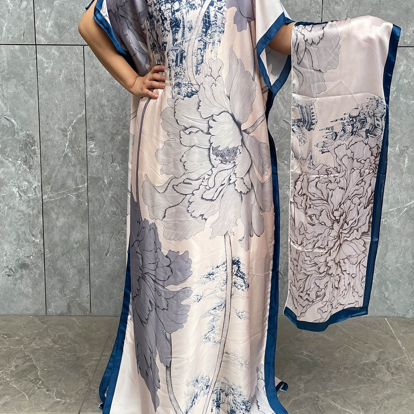 Ayollar uchun gul bosma batwing ko'ylak va sharf, yengil nafas oladigan mato