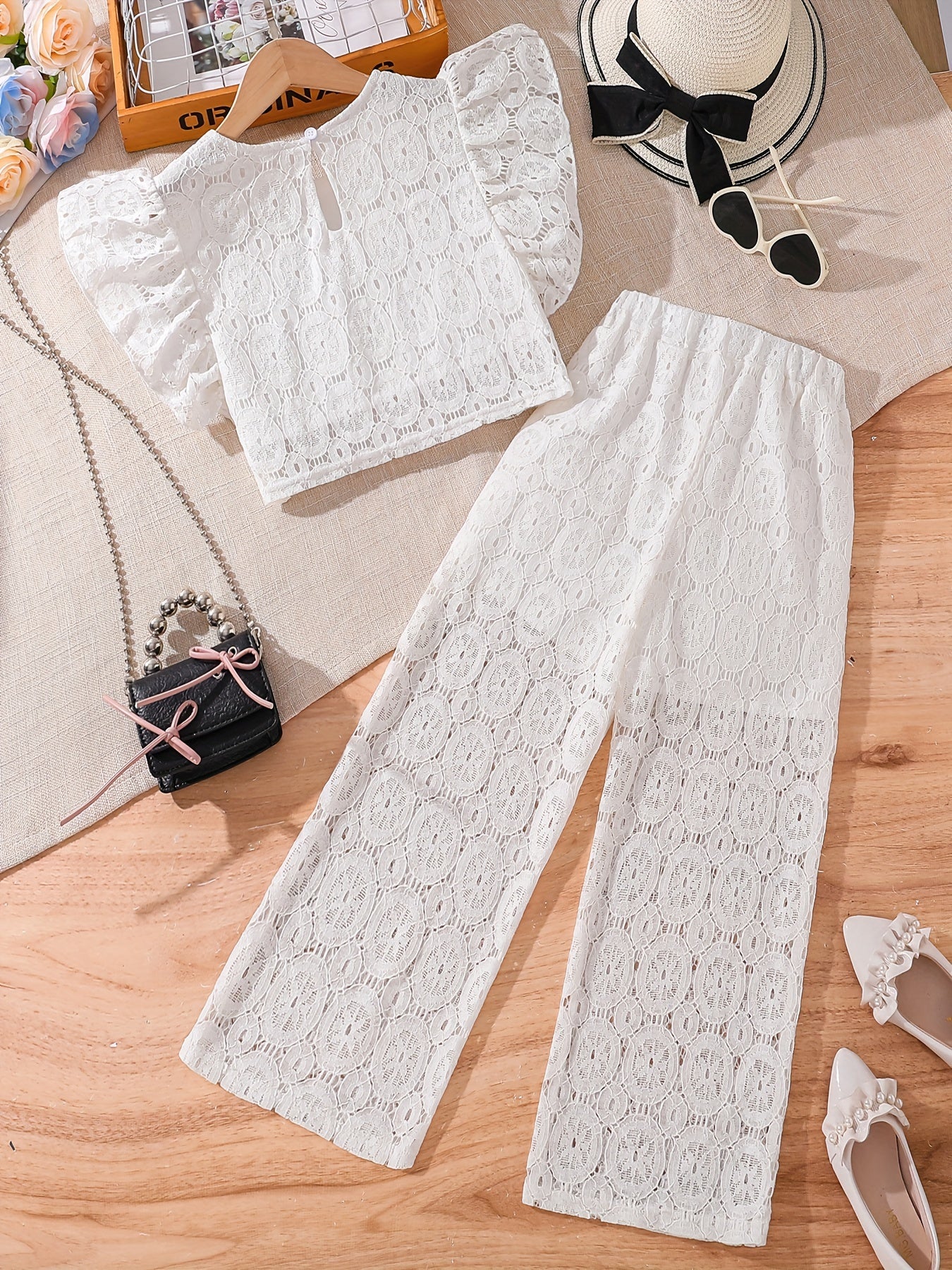 Girls Lace Set with Flounce Sleeve Top and Hollow-Out Pants for Summer