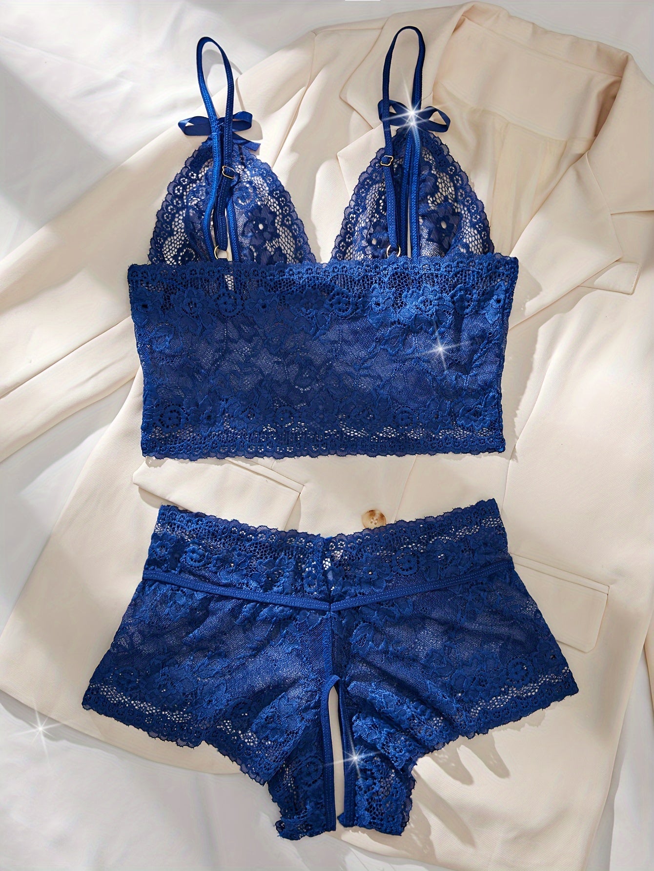 Women's Floral Lace Lingerie Set with Bow Bra and Crotchless Panties