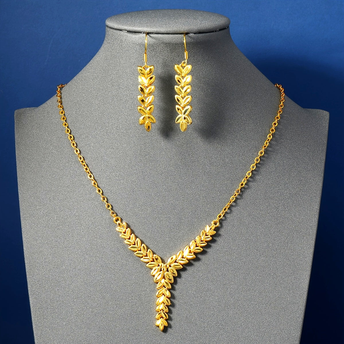 Vintage Indian Style Yellow Copper Jewelry Set with Gold-Plated Wheat Spike Necklace and Earrings