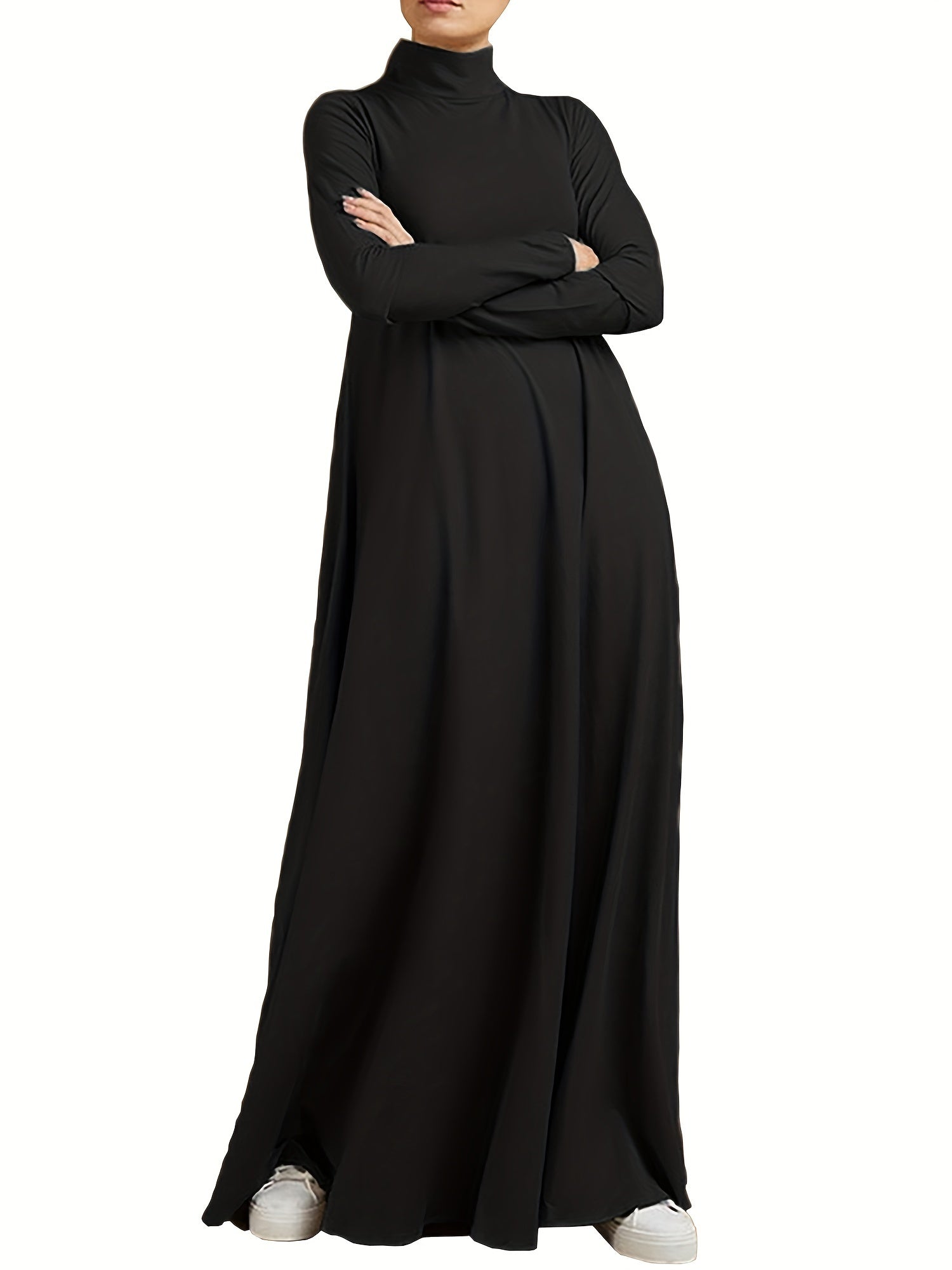 Long Sleeve Solid Color Ramadan Kaftan Dress with Turtle Neck Maxi Length Women’s Clothing