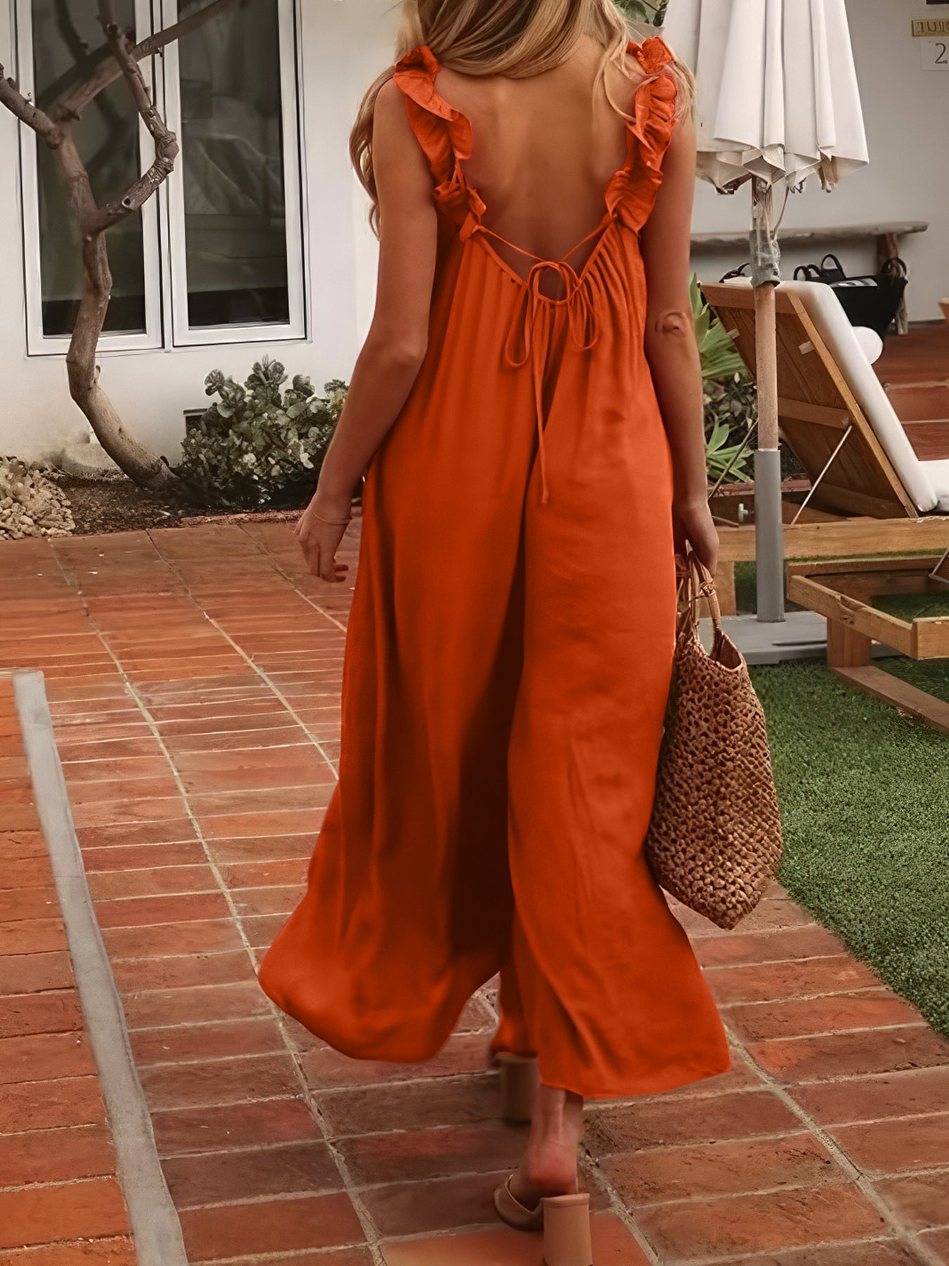Plus Size Off-Shoulder Ruffle Hem Jumpsuit Sleeveless Wide Leg Casual Vacation Orange